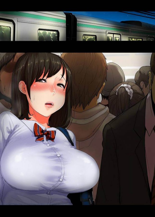 【エロ漫画】満員電車の中で痴漢からお尻を触られてしまう巨乳JKは、自分からチンコを触りそのままラブホテルまで行ってしまう。【無料 エロ同人】 (2)